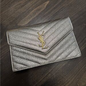 Saint Laurent Metallic Pewter Quilted Envelope Clutch with Gold YSL